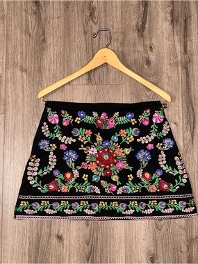Black Embroidered Floral Mini Skirt A-Line Mini Fully Lined Boho